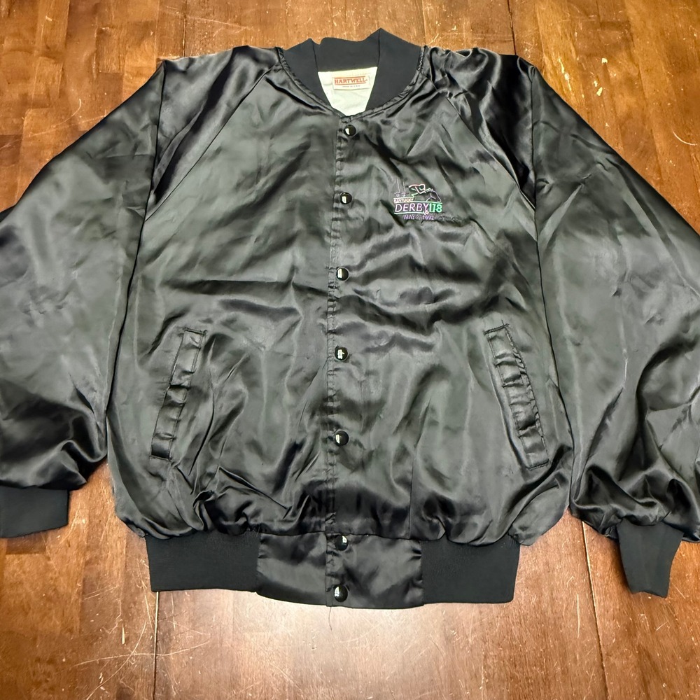 Vtg Hartwell Kentucky Derby 118 Jacket Mens XL Black Satin Vintage 1992 Bomber